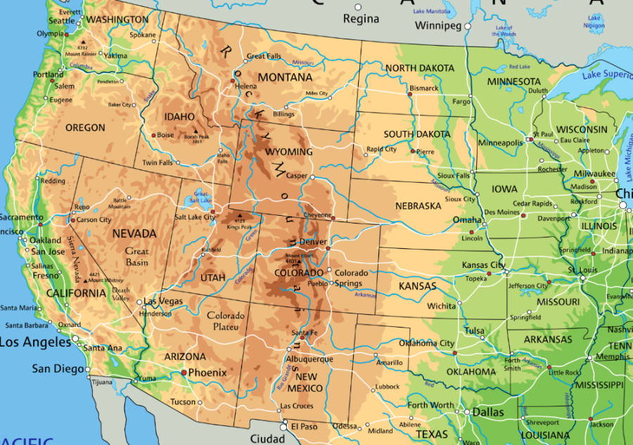 Map of the states the Rocky Mountains pass through