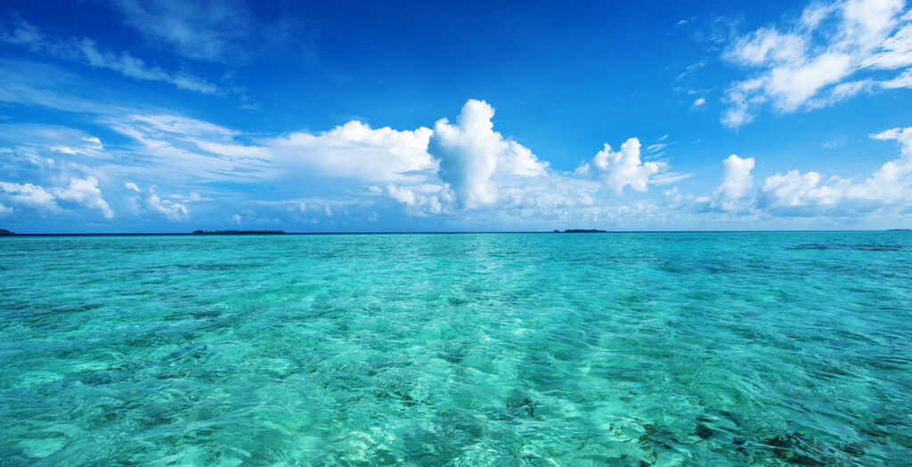 View of the clear water from Pacific Ocean and a clear blue sky