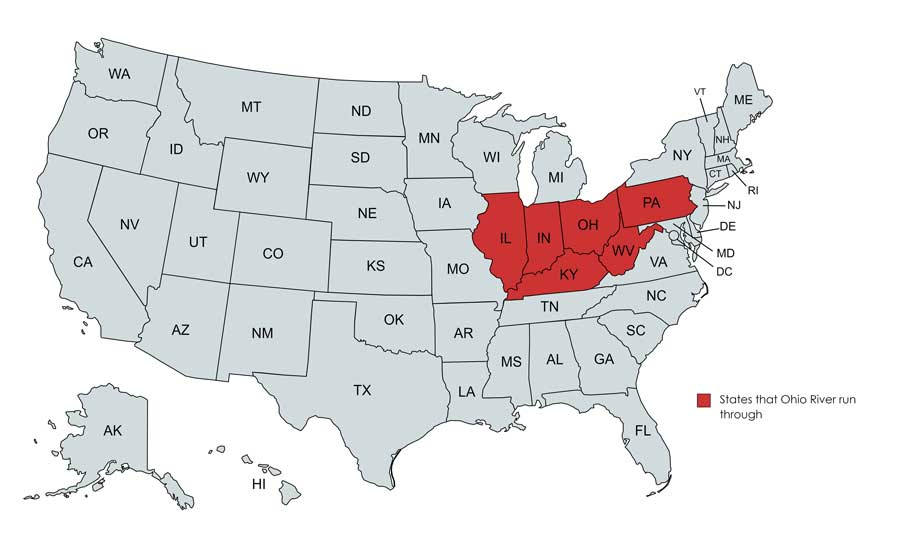 Map of USA showing the states that run through the Ohio River