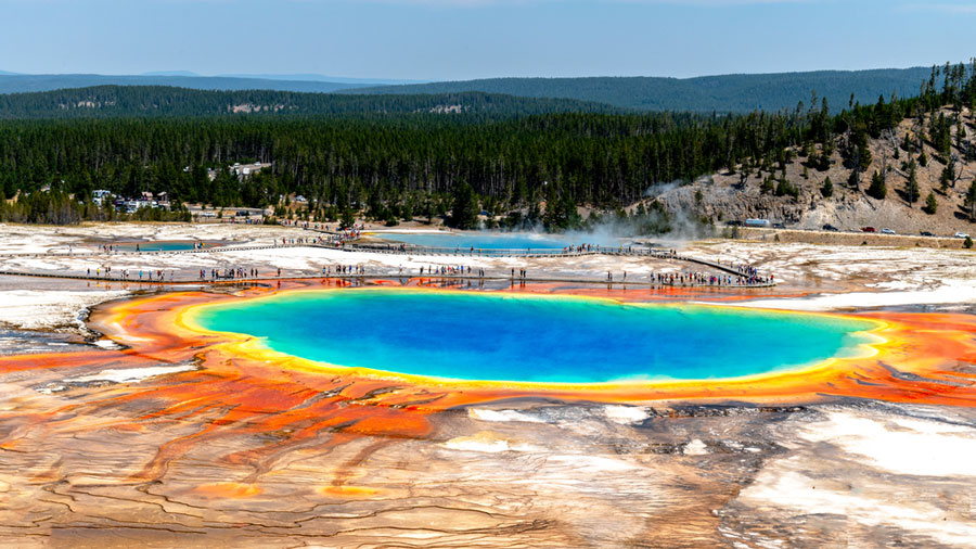 View of the colorful Grand Prismatic Spring in Yellowstone National Park