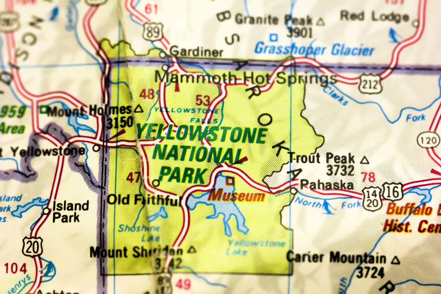 View of the Yellowstone National Park on the map