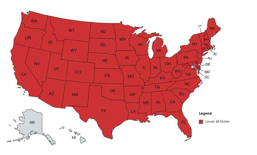 Map of USA showing the lower 48 states