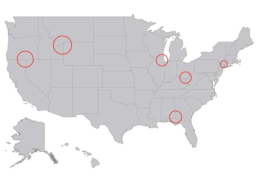 A map showing red circles over some of the various points where 3 states meet