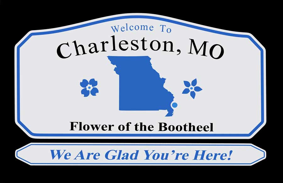 A welcome sign to Charleston, Missouri