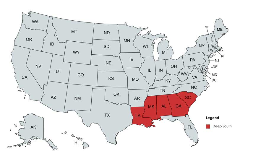 Map of USA showing the states that belongs to the Deep South