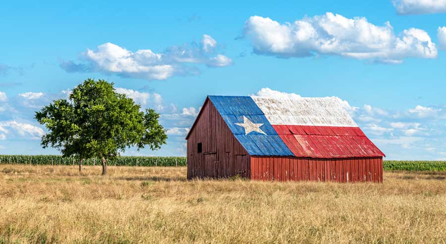 The flag of Texas painted on a roof of a barn in the middle of nowhere