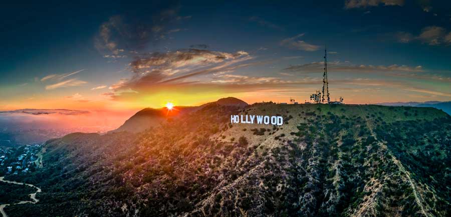 The Hollywood sign from afar during sunset