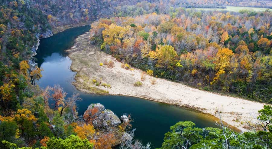 Aerial view of the Buffalo National River during fall season