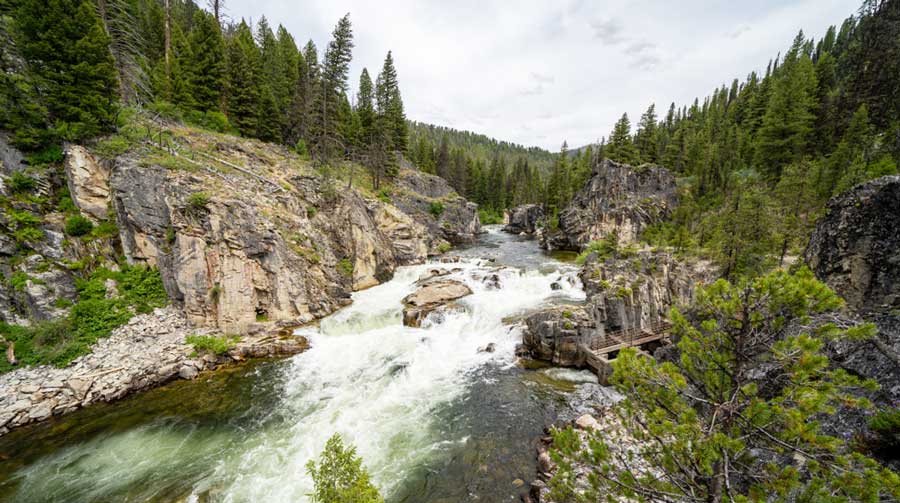 View of water running at the Dagger Falls in the Salmon-Challis National Forest