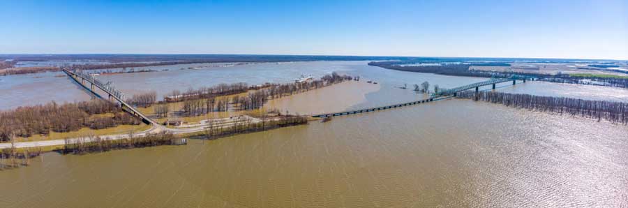 Overlooking view of the Ohio and Mississippi Rivers during a flood