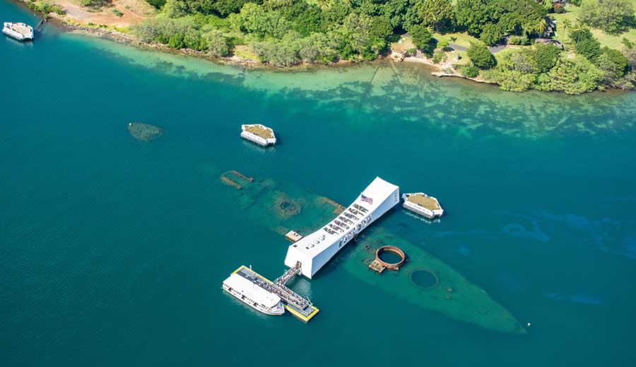 Aerial view of the USS Arizona Memorial in Hawaii