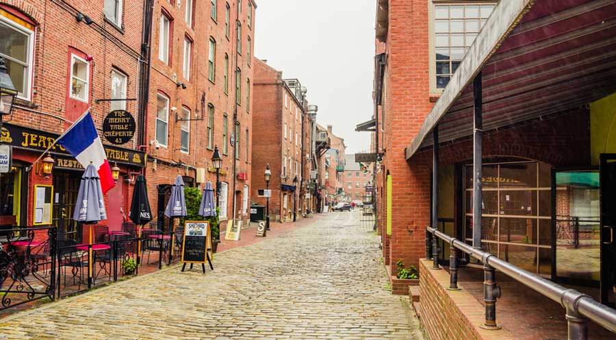 A cobbled street in Portland, Maine
