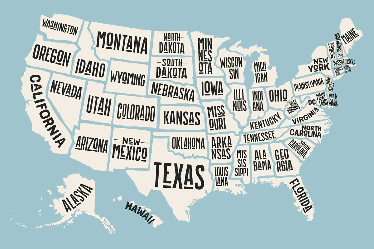 Map of the US with state names with letters written