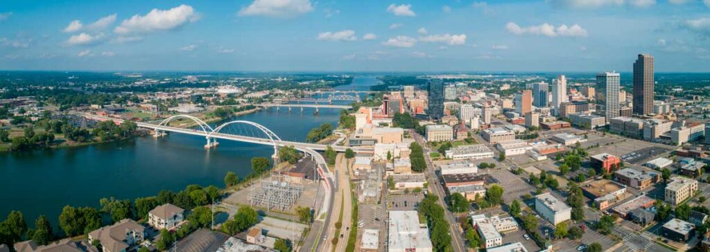 Aerial view of downtown Little Rock, one of the places that Arkansas is known for