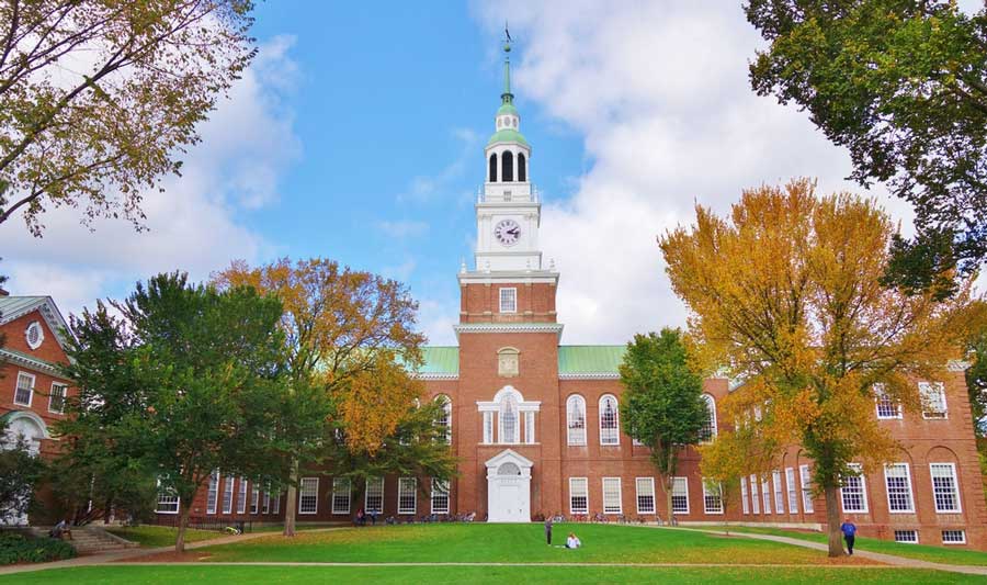 The Dartmouth College building under the clear blue sky