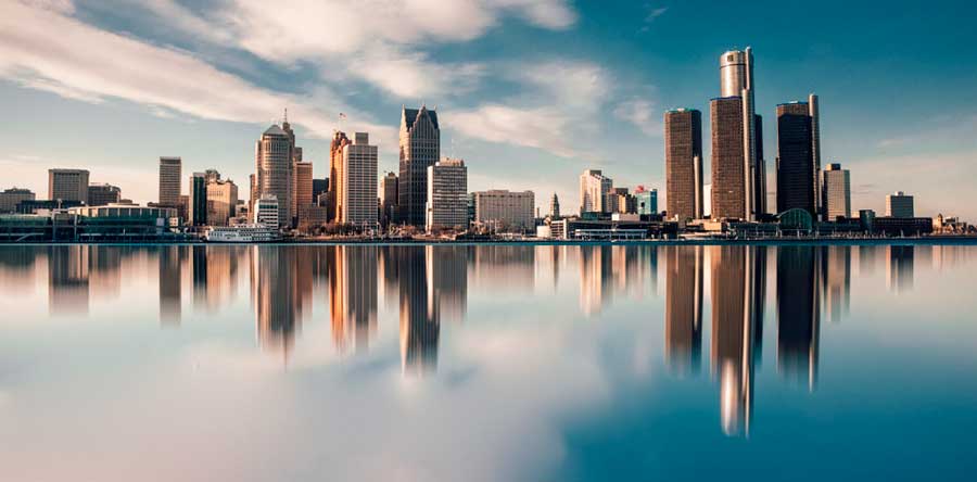 View of the Detroit skyline's reflection on a water
