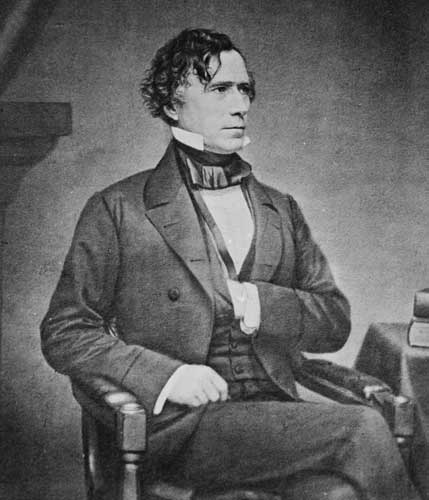 A black and white photo of Franklin Pierce sitting on a chair