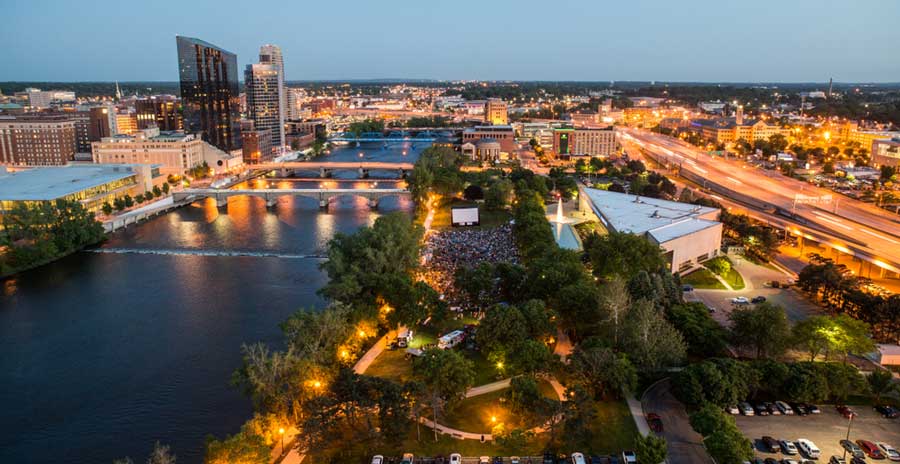 Aerial view of Downtown Grand Rapids at night