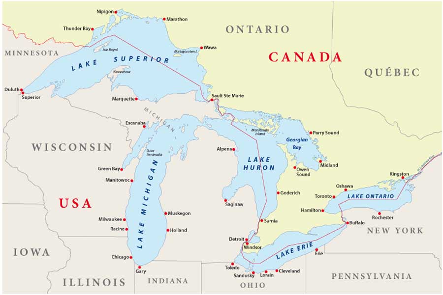 View of the Great Lakes on a map