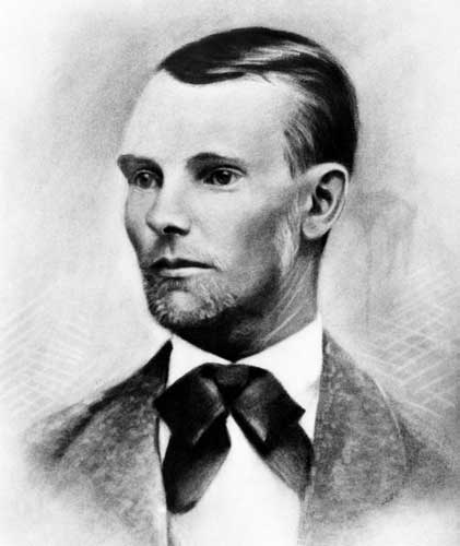 A black and white portrait of Jesse James