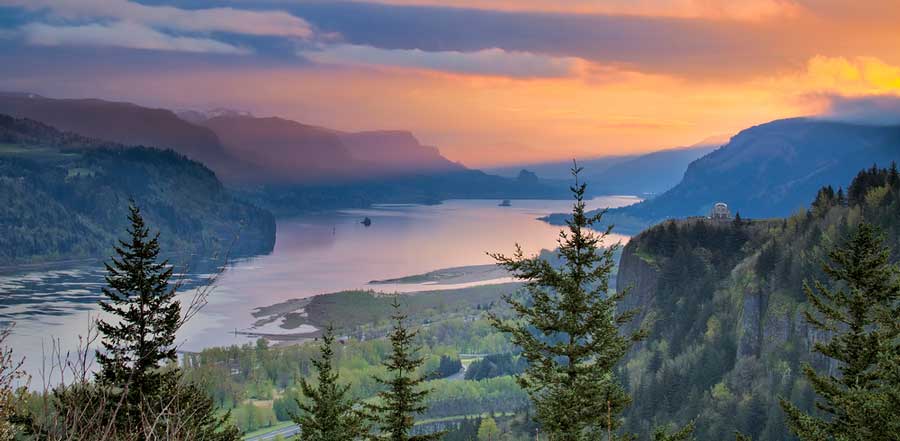 View of sunrise over the Columbia River