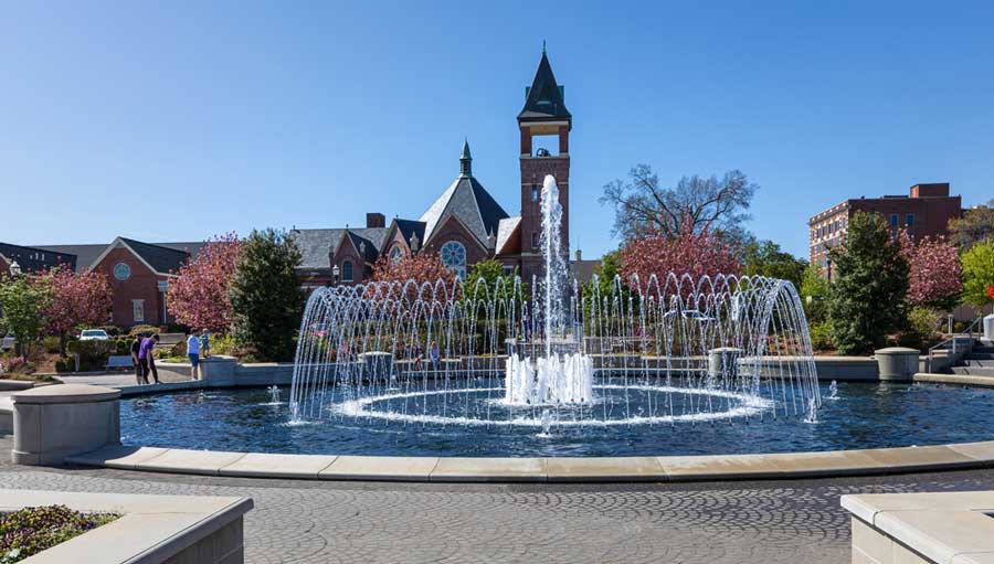View of a water fountain in downtown Rock Hill