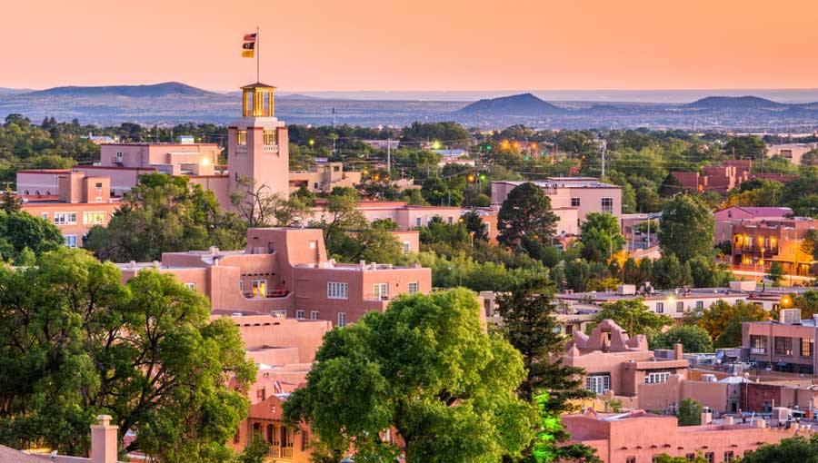 Aerial view of Downtown Santa Fe during sunset