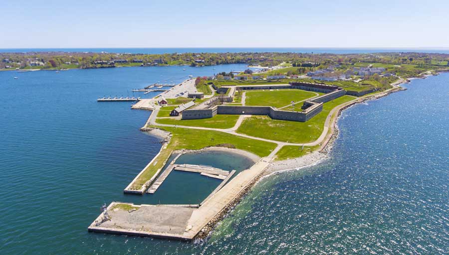 Aerial view of Fort Adams State Park surrounded by blue water