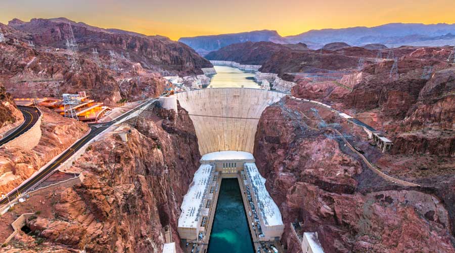 Aerial view of Hoover Dam during sunset