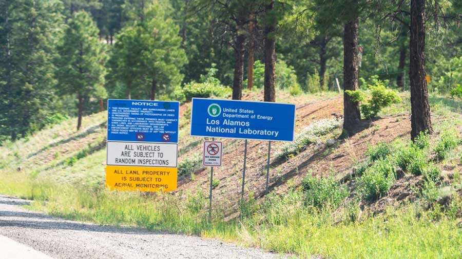 View of the Los Alamos National Laboratory signage in New Mexico