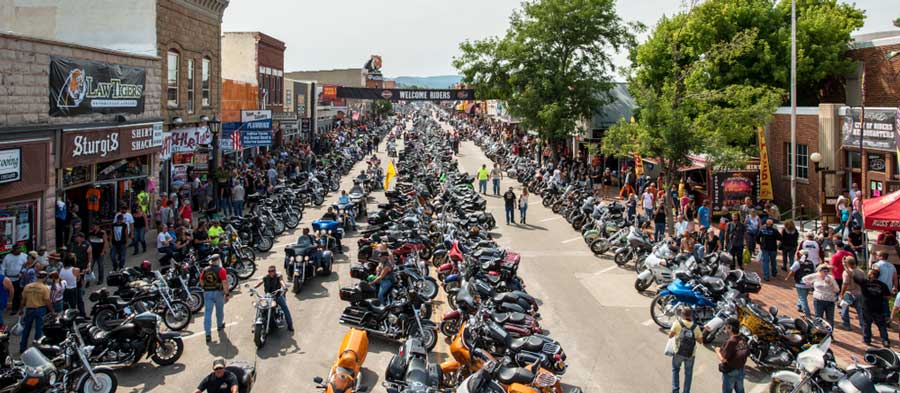 View of people and motorcycles during a  motorcycle rally in Sturgis, South Dakota 
