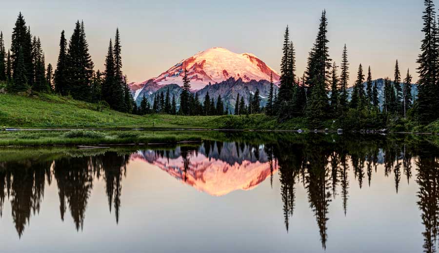 Scenic view of the reflection of Mount Rainier in Tipsoo Lake