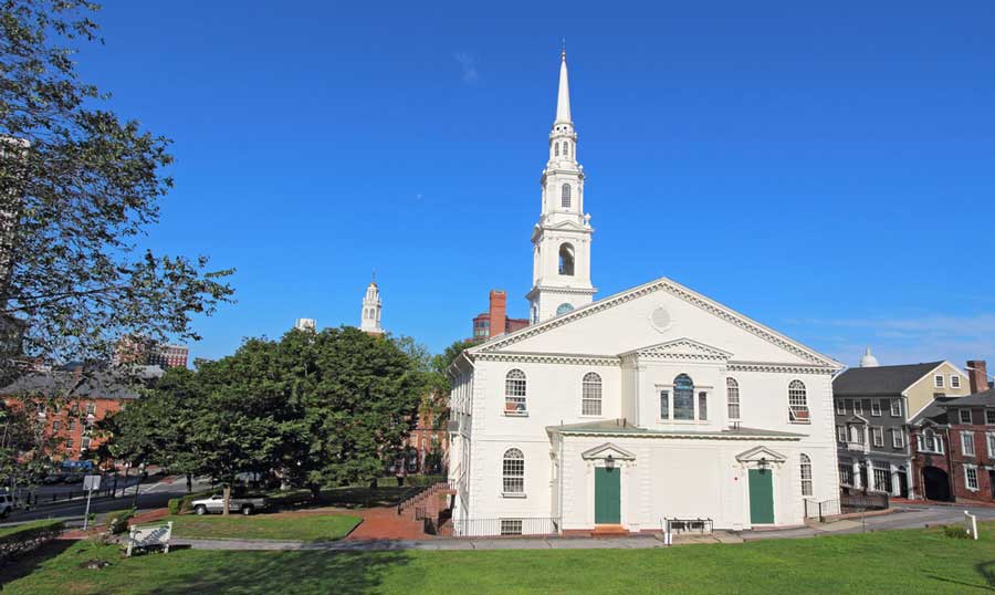 A Providence’s Historic Baptist Church under the clear blue sky