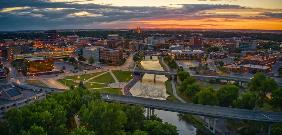 Sunset over the Sioux Falls in South Dakota