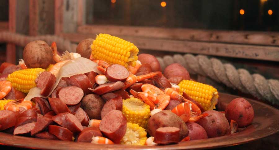 View of a lowcountry boil dock party in South Carolina