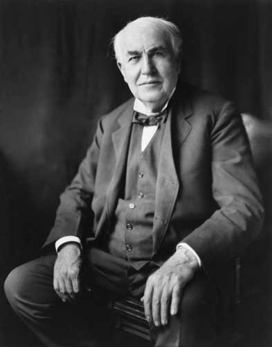 A black and white portrait of Thomas Edison