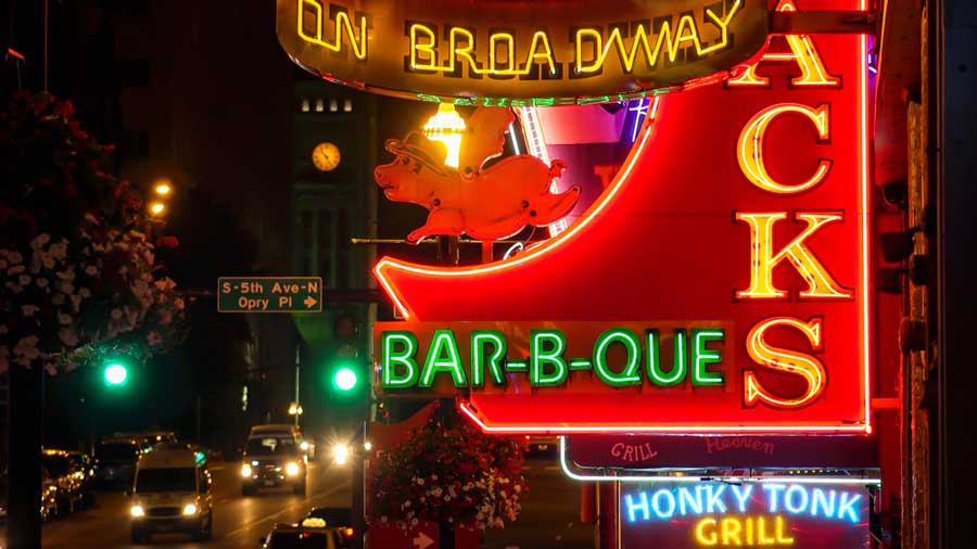 View of the Barbecue Joints neon sign