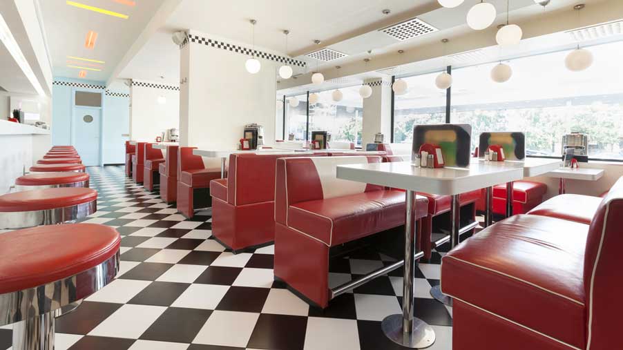 View of tables and chairs from a Classic American Diner