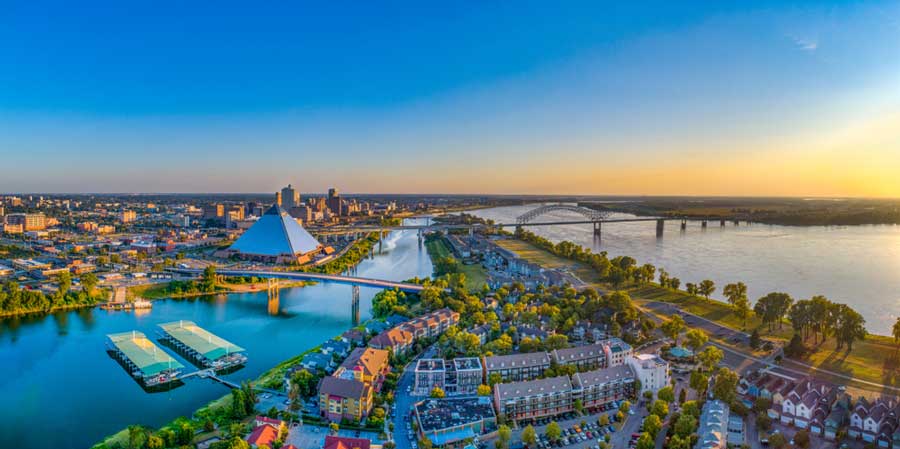 Aerial view of downtown Memphis during sunset