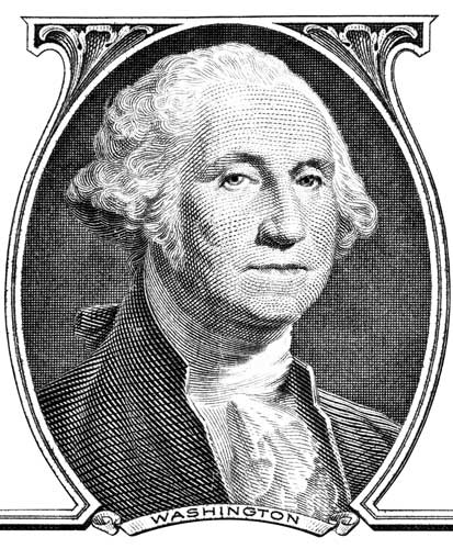 A black and white portrait of George Washington