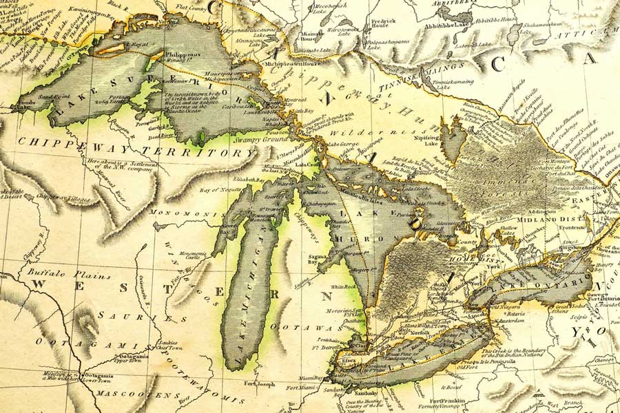 View of the Great Lakes on a printed map
