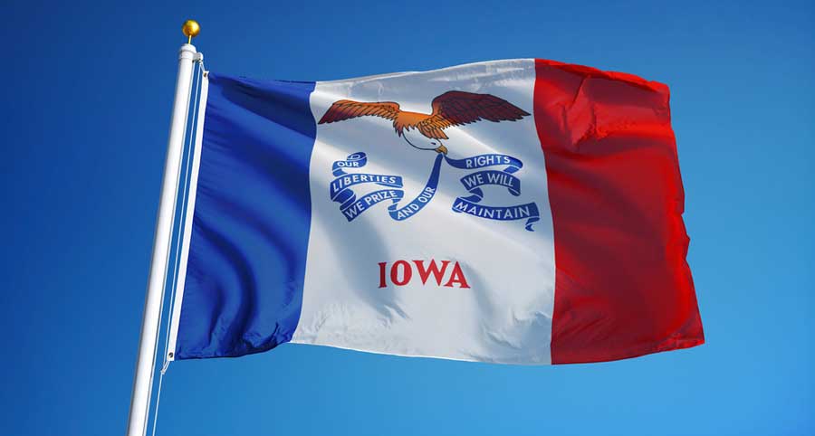 View of the Iowa state flag on a pole under the clear blue sky