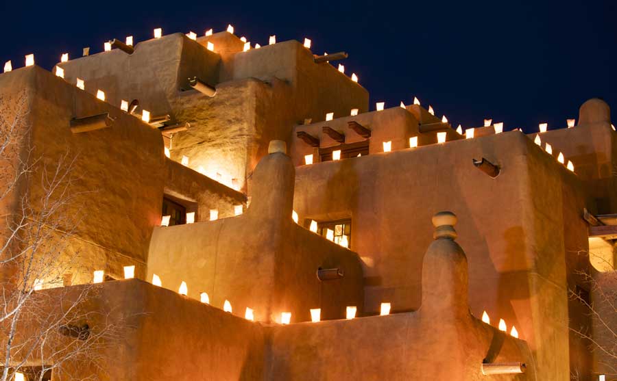 View of the Lorreto Hotel at night in New Mexico