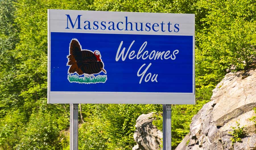 View of the welcome sign to Massachusetts