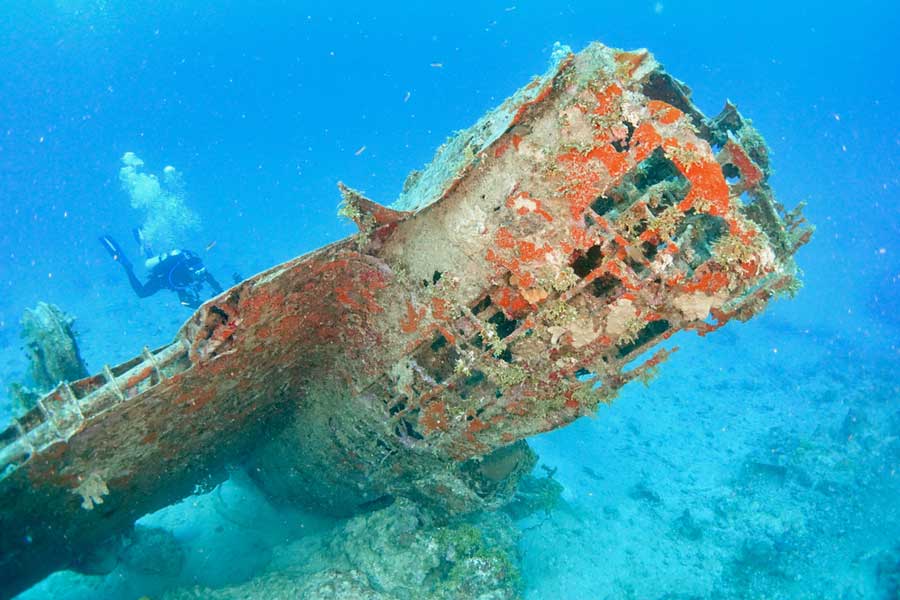 A shipwreck and scuba divers under the water of Guam