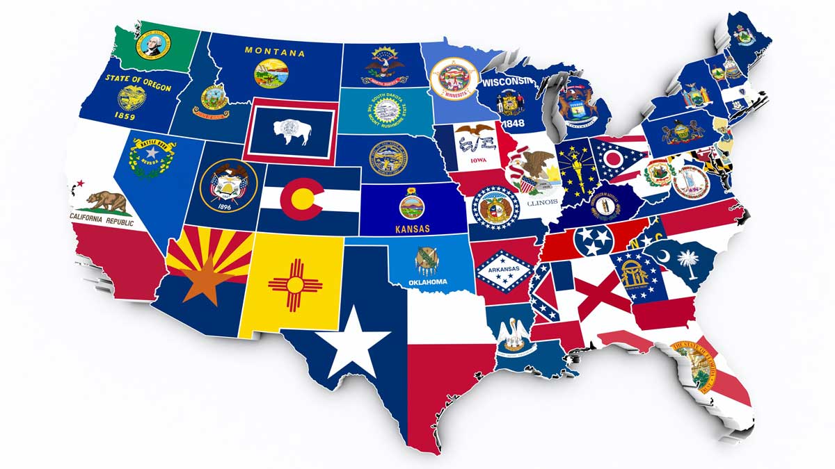 The US map with flag on each states, one of the things each state is known for