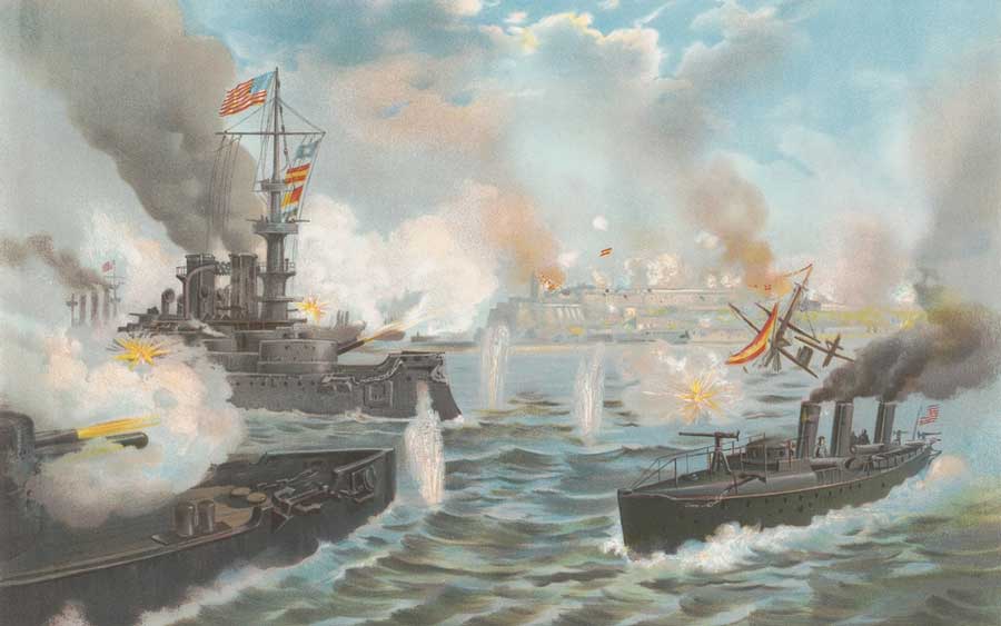 A painting showing the bombardment of San Juan, Puerto Rico during the Spanish-American War