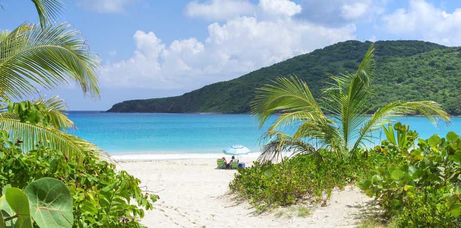 View of white sands and blue waters from the Flamenco Beach